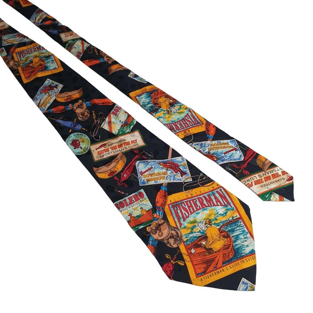 Vintage Addiction Fisherman Theme Silk Necktie 56 Inches Lure Boat Dad Gift